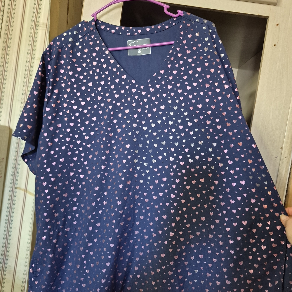 Butter Navy Scrub Top with Pink Heart Print